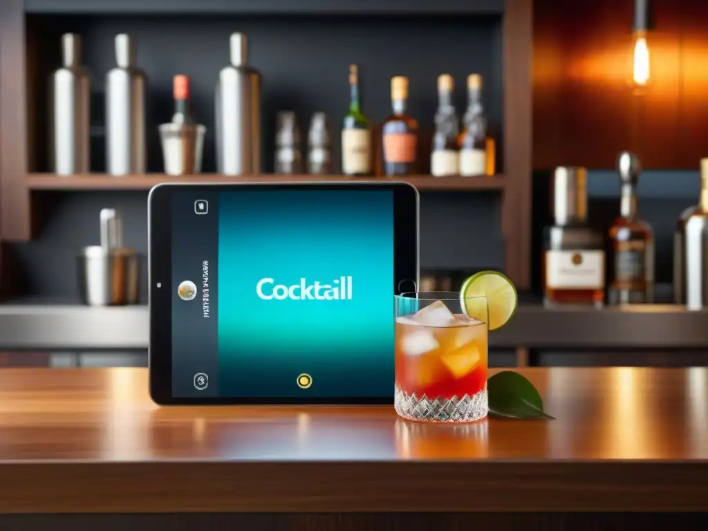 Una imagen detallada y realista de una app de coctelería premium para mixólogos, con recetas y utensilios elegantes en un bar moderno