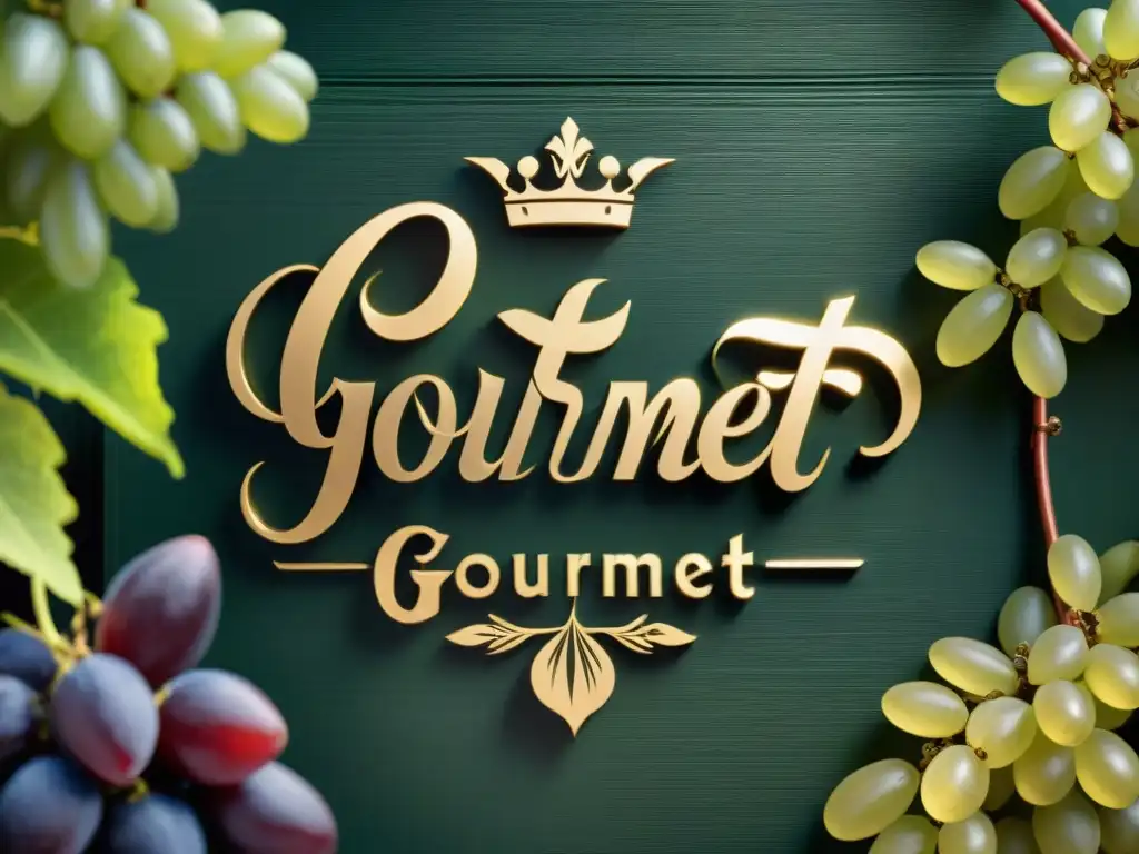 Logo gourmet de lujo en historia visualmente cautivadora Una imagen detallada y realista de estrategias narrativas para marcas gourmet, fusionadas en un cuento visual de viñedos y delicias culinarias