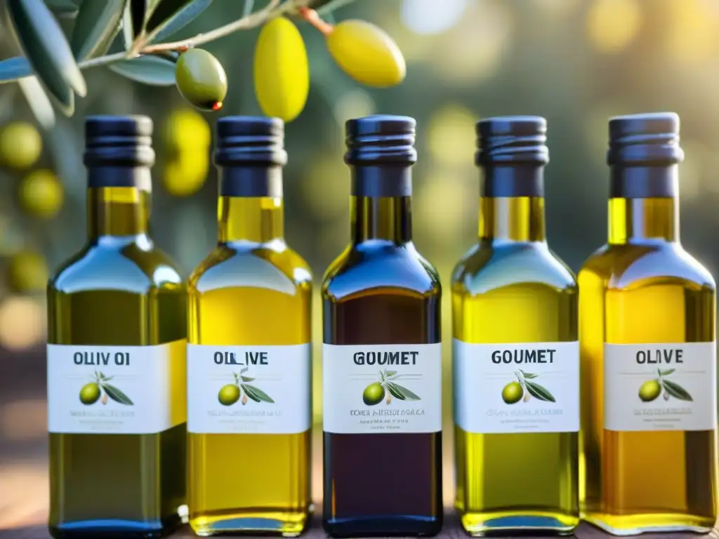 Una imagen detallada y vibrante de diversos tipos de aceite de oliva gourmet, en elegantes botellas de vidrio en un olivar soleado