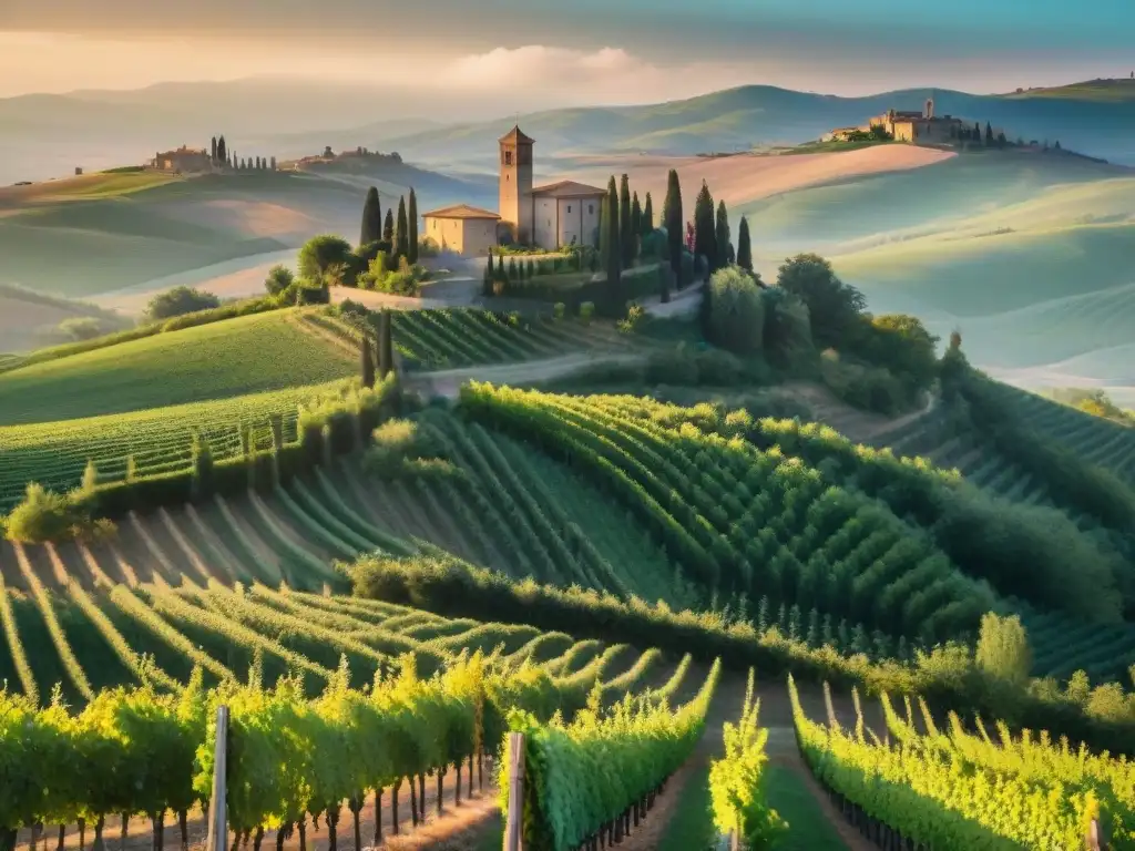 Imagen de ensueño de las colinas de la Toscana al atardecer, con viñedos exuberantes y un castillo medieval