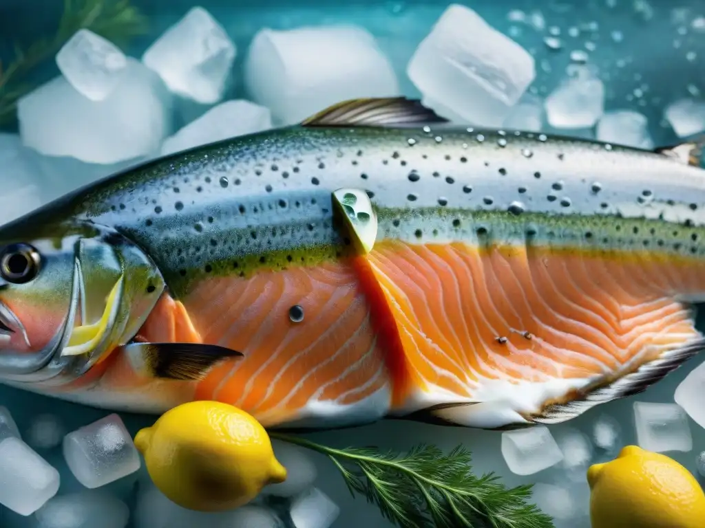 Una imagen que transmite la frescura y calidad de un salmón premium rodeado de limones y eneldo, resaltando la importancia de los pescados frescos