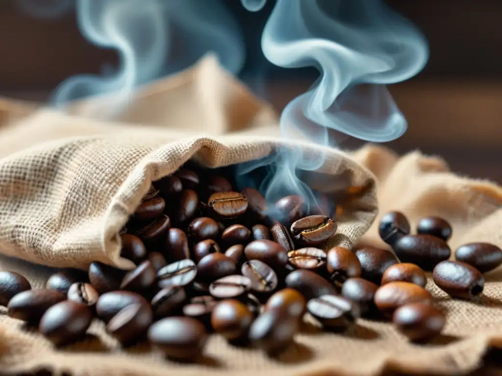 Una imagen de granos de café en distintos tonos de tueste, brillantes y rodeados de humo, evocando el proceso tueste café gourmet