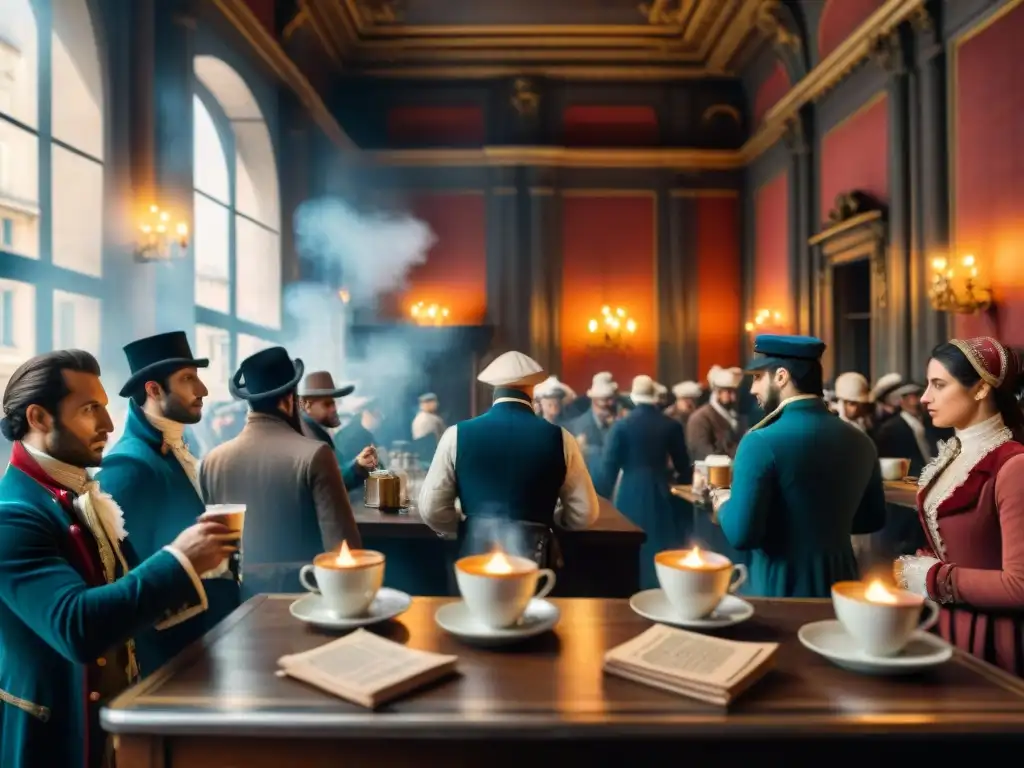 Imagen hiperrealista de un animado café parisino durante la Revolución Francesa