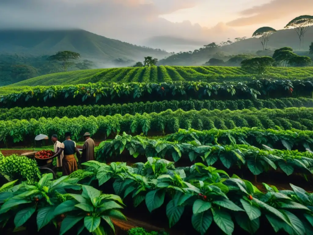 Imagen impactante de una plantación de café histórica iluminada al anochecer, con esclavos recolectando granos de café