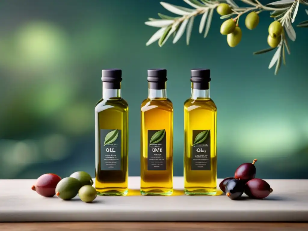 Una imagen de lujo con aceites de oliva gourmet infusionados en elegantes envases de vidrio, rodeados de ramas de olivo y aceitunas maduras