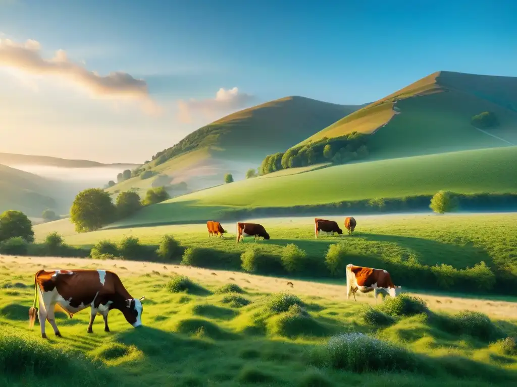 Imagen realista de un idílico paisaje europeo con vacas pastando en praderas verdes