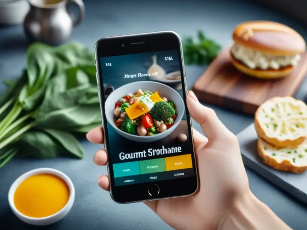 Una imagen realista de un smartphone con una elegante app de cocina gourmet