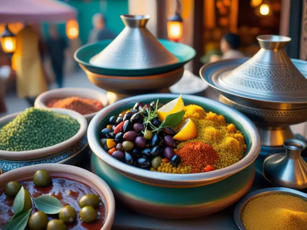 Una imagen ultradetallada de tagines marroquíes tradicionales, llenos de coloridos platos aromáticos, en un bullicioso mercado marroquí