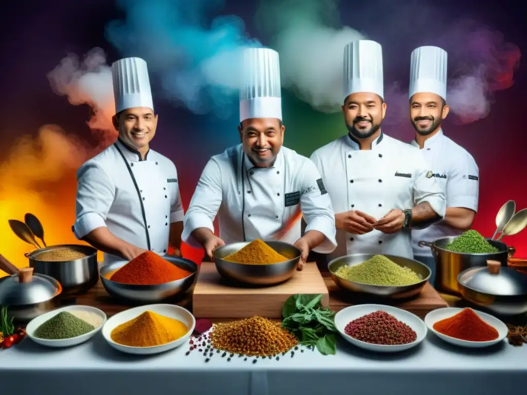Chefs apasionados fusionando culturas en cocina vibrante Una imagen vibrante de chefs preparando platos fusionados, rodeados de especias y utensilios, en una cocina bulliciosa