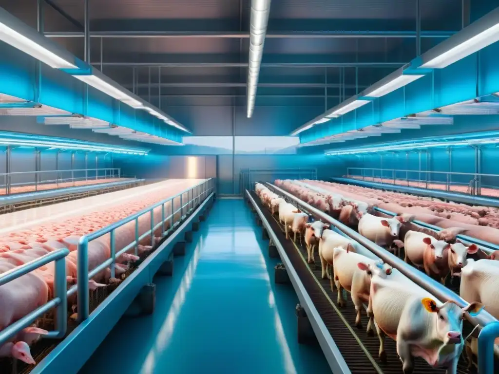 Una impactante comparación visual entre una granja de cría intensiva de animales y una instalación de carne cultivada futurista y sostenible