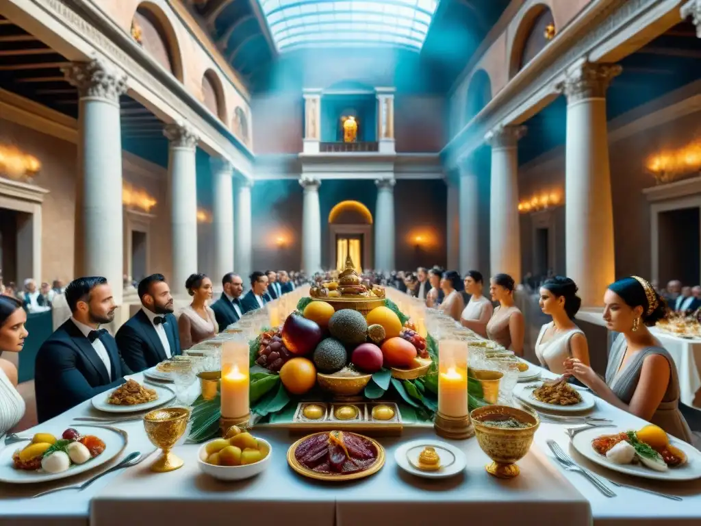 Una representación visualmente impactante de un lujoso banquete romano en un elegante salón, mostrando la influencia de la cocina antigua de Roma