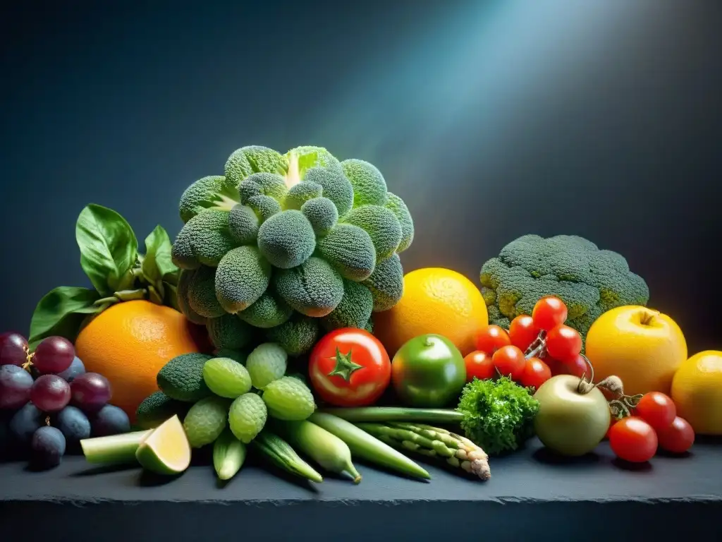 Una impactante paleta de colores en alimentos, con frutas y verduras frescas y vibrantes, meticulosamente dispuestas en contraste dramático