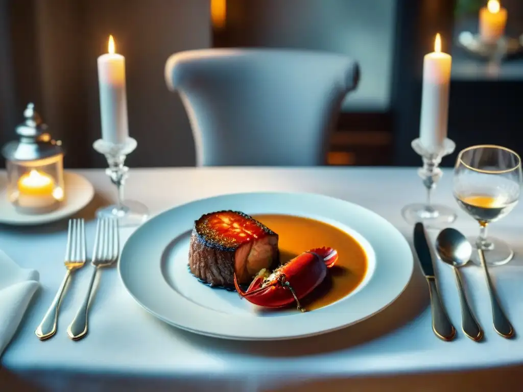 Imponente mesa de comedor con vajilla elegante, cristalería fina y cubiertos de lujo, junto a exquisitos platillos gourmet