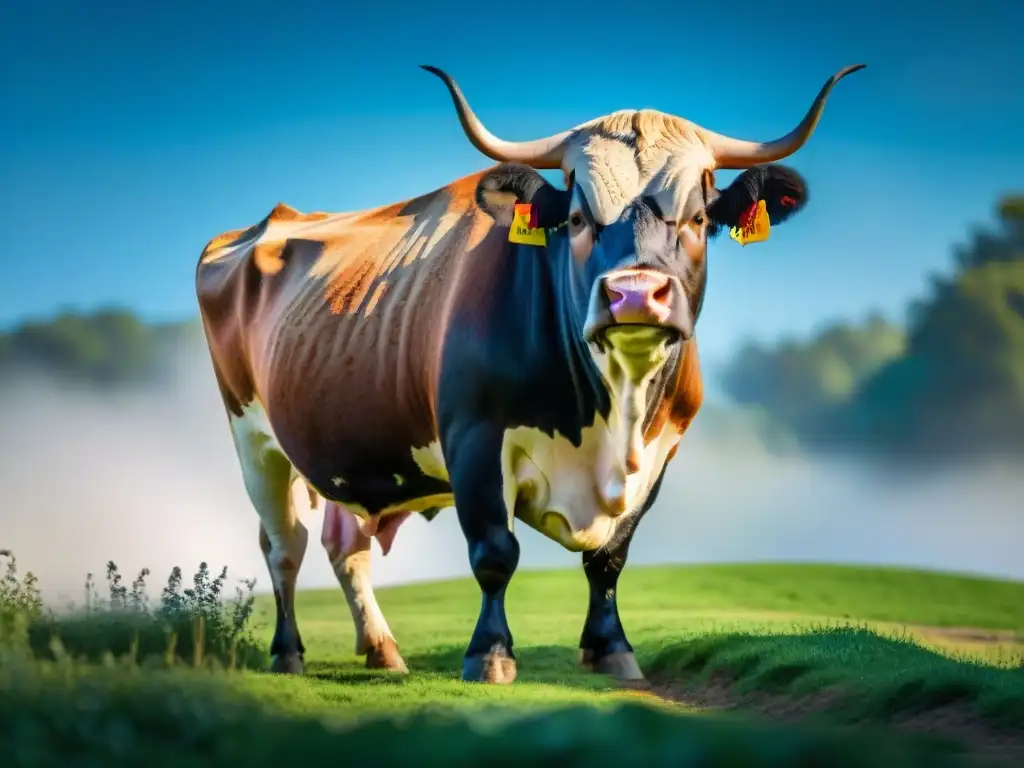 Majestuoso toro Angus en prado verde Imponente toro Angus en prado verde bajo el sol, destaca su pelaje negro y marcas blancas en el rostro