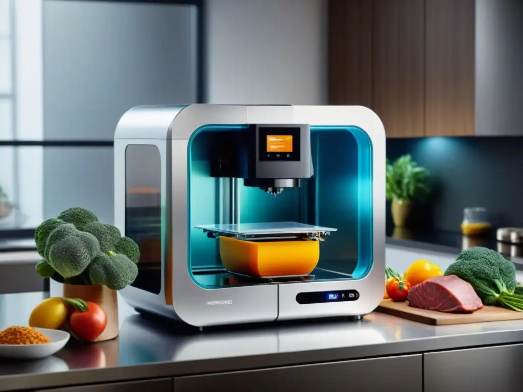 Una impresión 3D en gastronomía: una impresora futurista crea platos artísticos en una cocina moderna, fusionando tecnología y cocina gourmet