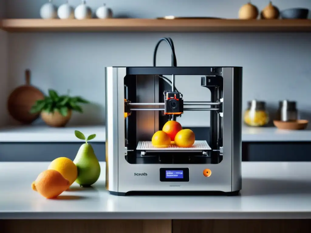 Una impresión 3D en gastronomía sensorial: un 3D printer crea una exquisita y detallada obra de arte comestible en una cocina moderna