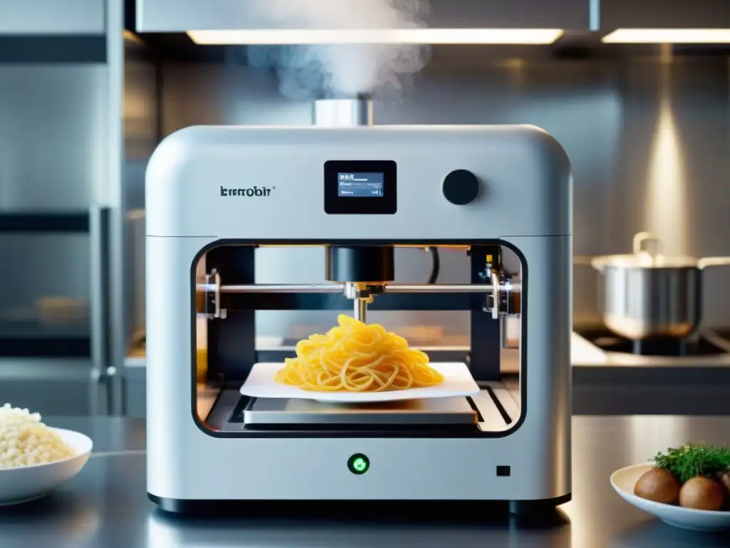 Un impresionante 3D food printer en acción, creando alimentos impresos en 3D gastronomía con precisión y elegancia