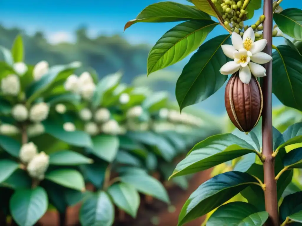 Impresionante cacao en floración, muestra detalles y colores vibrantes en una plantación bajo cielo azul