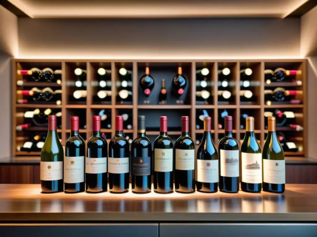 Un impresionante y detallado escenario de vinos del Nuevo Mundo variedad, exhibidos en un elegante bar de vinos