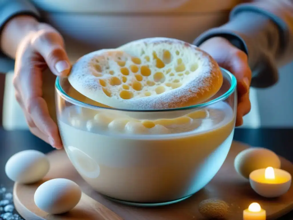 Impresionante detalle de una fermentación de masa madre burbujeante en un recipiente de vidrio, destacando la dinámica transformación