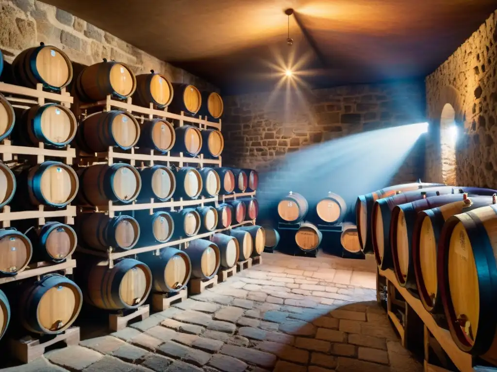 Un impresionante escenario de bodega tradicional con barriles de madera envejeciendo vino