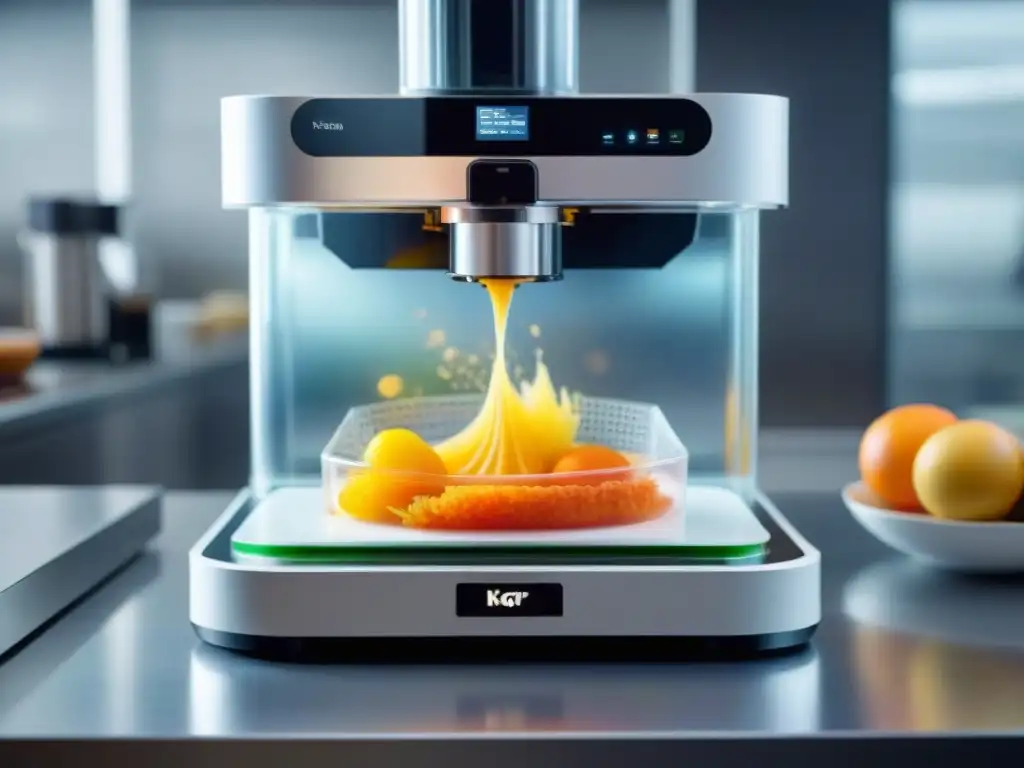 Un impresionante 3D food printer creando un plato apetitoso con ingredientes coloridos y nutritivos