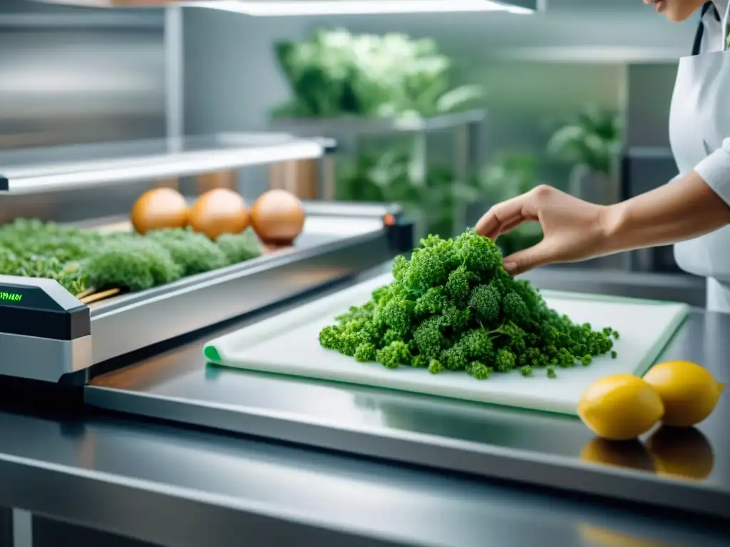 Una impresionante impresión 3D de alimentos sustentables en una cocina futurista con jardín de hierbas