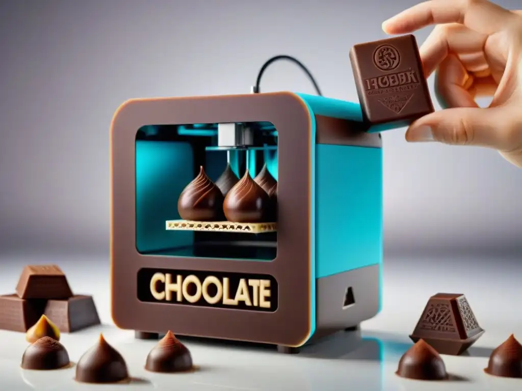 Un impresionante impresora 3D de chocolates personalizados en acción, creando diseños intrincados con tecnología futurista