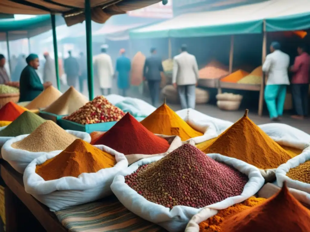 Impresionante mercado de especias en India, con vibrantes sacos de turmeric, cardamomo y canela