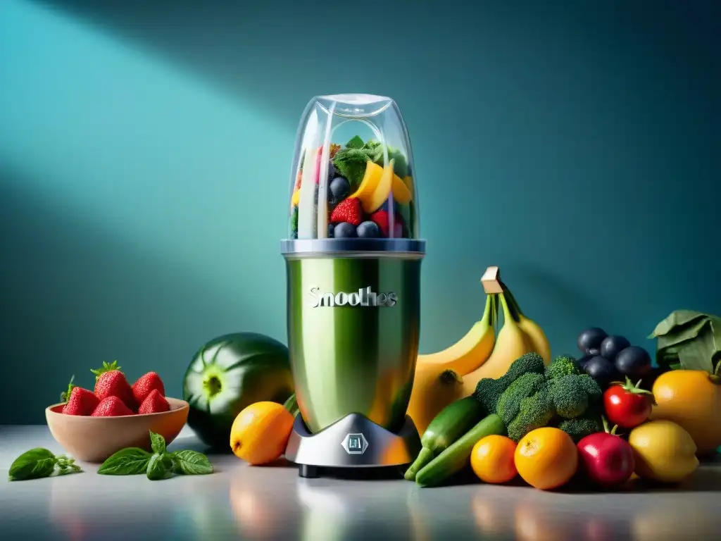 Un impresionante mostrador de cocina con licuadoras de alto rendimiento rodeadas de frutas frescas y vegetales, perfectos para smoothies