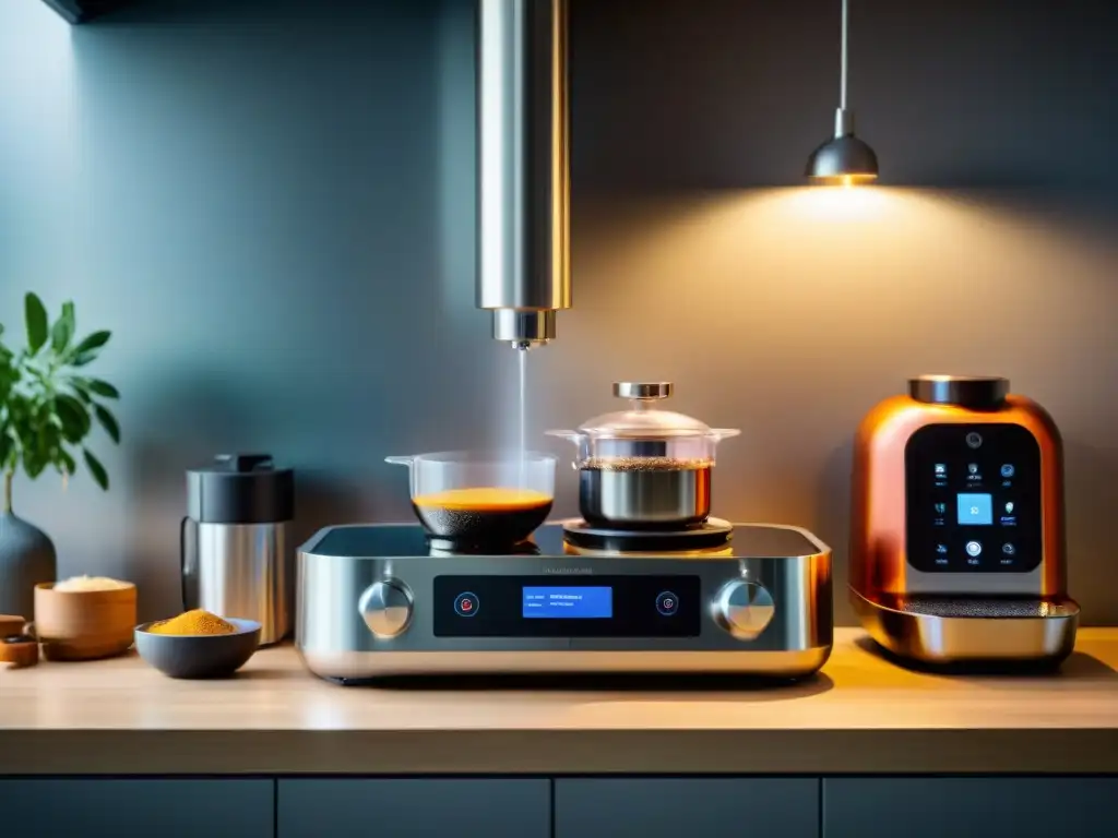 Un impresionante mostruario de Gadgets de cocina innovadores en una cocina futurista y elegante, iluminada suavemente