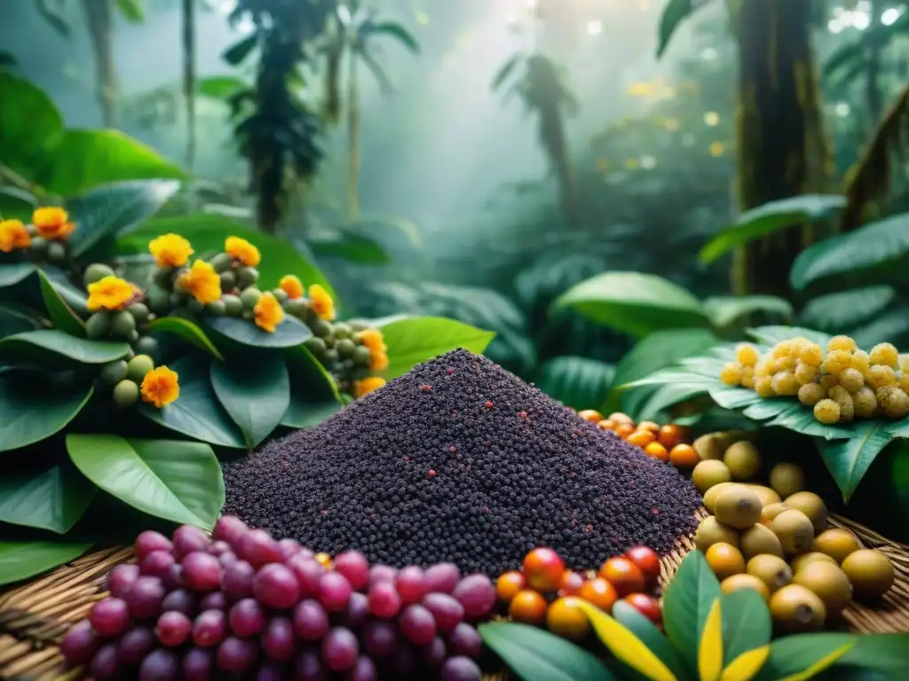 Increíble escena de la vibrante selva amazónica con superfoods exóticos creciendo