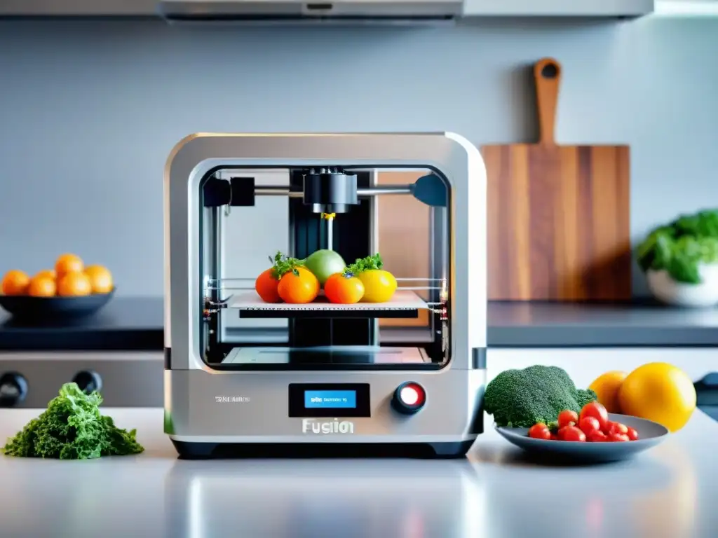 Increíble impresora de alimentos en 3D nutrición creando una colorida comida con tecnología futurista, rodeada de electrodomésticos modernos