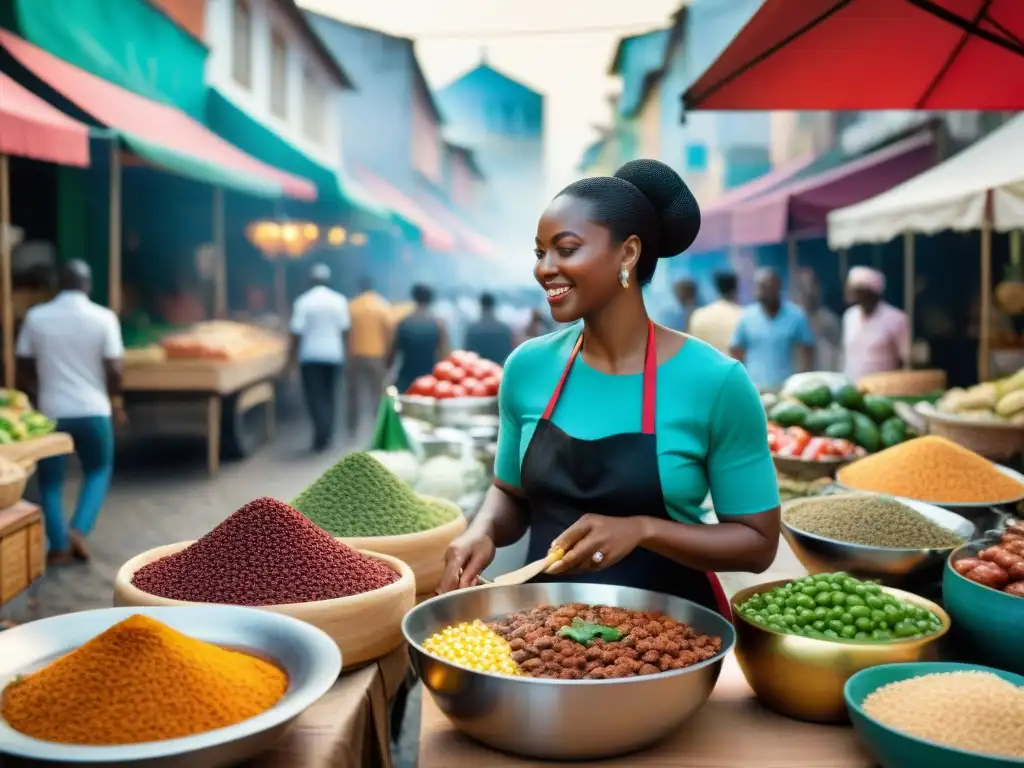 Influencia africana en la gastronomía brasileña: Escena vibrante de un bullicioso mercado afrobrasileño, colmado de colores y sabores tradicionales