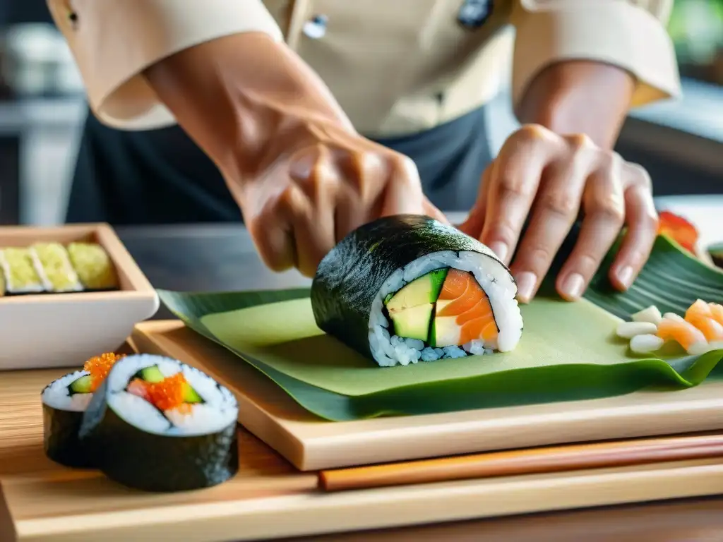 Influencia de la cocina asiática en Occidente: Chef japonés experto elaborando sushi con maestría y precisión