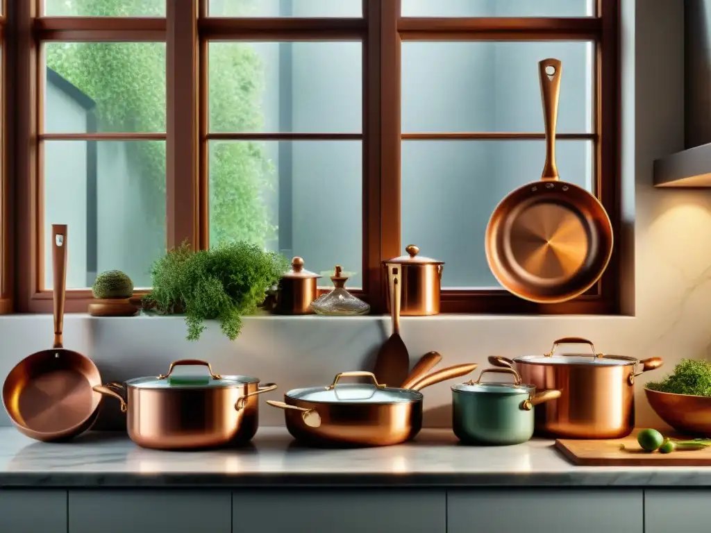 Utensilios de cocina: historia visual de la evolución culinaria Influencia de utensilios de cocina en tendencias gastronómicas: Detalle de utensilios antiguos y modernos en una elegante encimera de cocina
