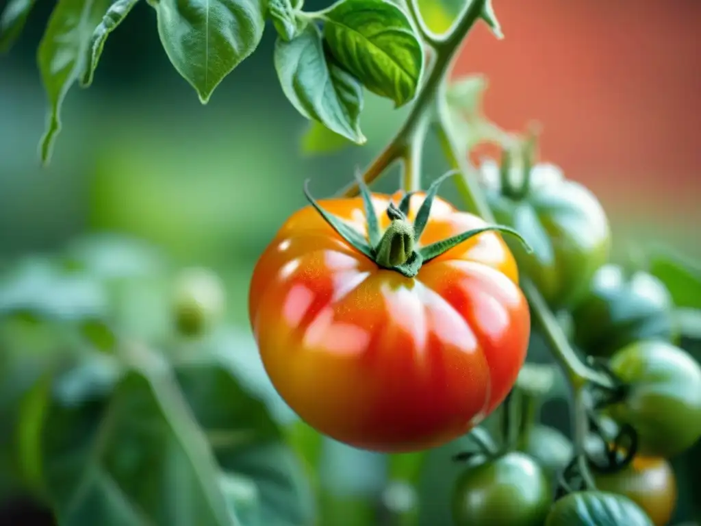 Fotografiando ingredientes frescos gourmet: Detalle vibrante de tomate maduro en vid, brillante con rocío bajo la suave luz matutina