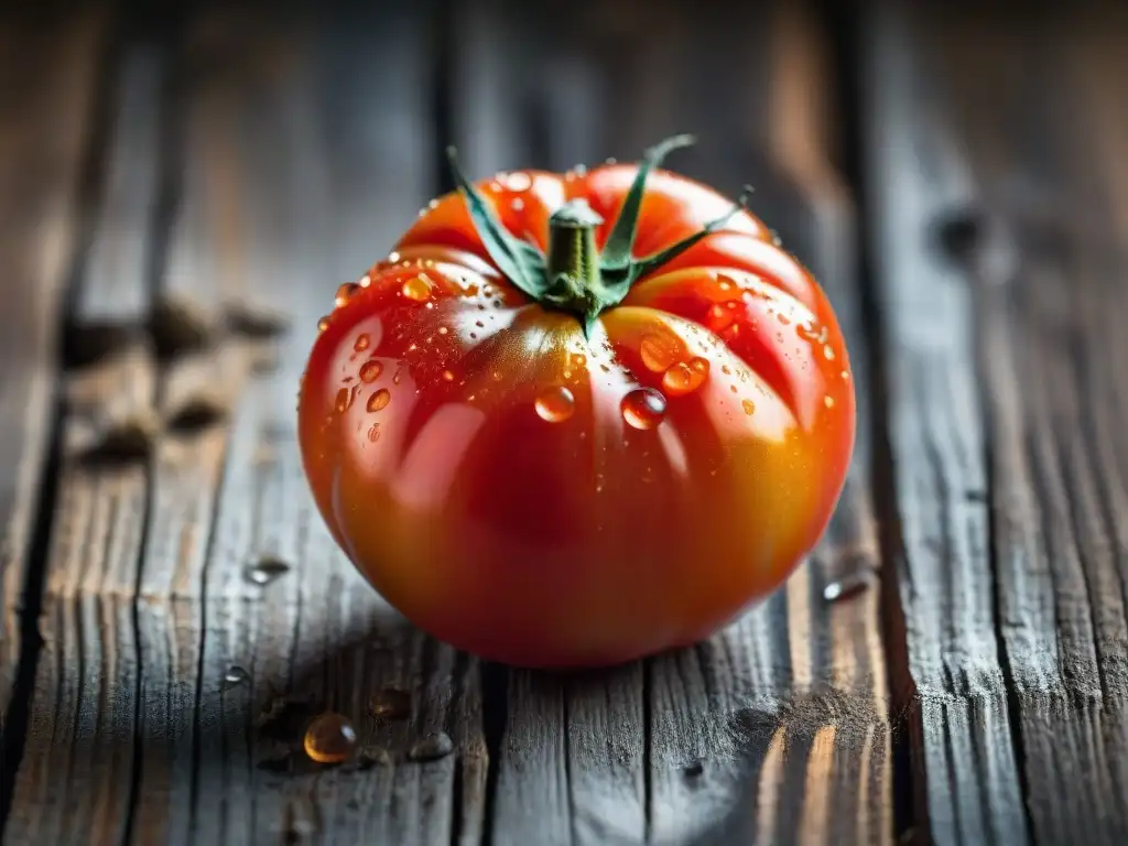 Fotografiando ingredientes frescos gourmet: Detalle de un tomate gourmet maduro y brillante con gotas de agua, cortado y mostrando sus semillas