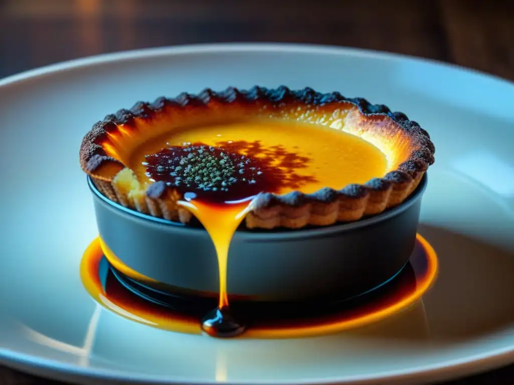 Transformación de ingredientes gourmet: crème brûlée perfectamente caramelizada con llama de soplete iluminando la superficie