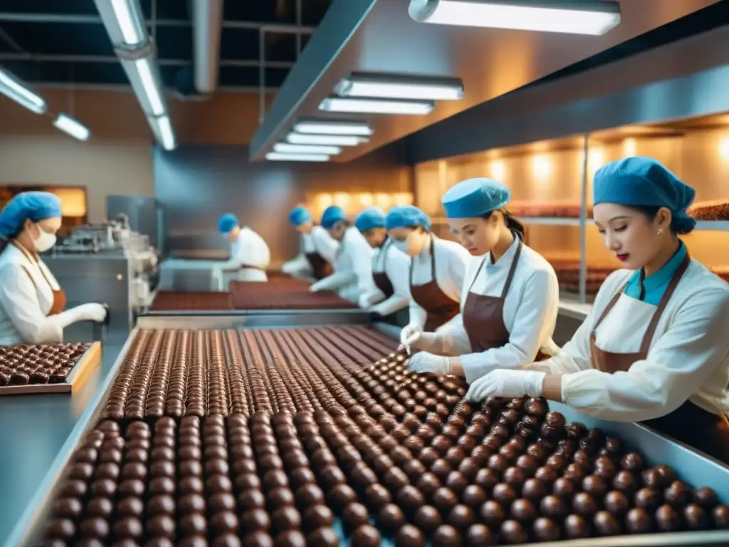 Innovaciones chocolateros revolución industria: fábrica de chocolate con maquinaria moderna y trabajadores expertos creando exquisitos chocolates