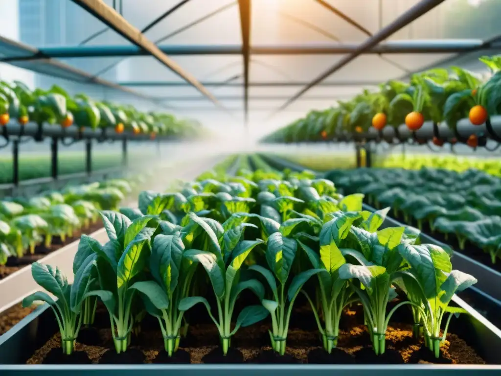 Innovaciones en huertos urbanos con tecnologías verdes regando plantas en un jardín urbano exuberante