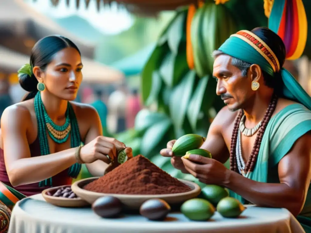 Intensa escena de intercambio de granos de cacao entre comerciantes mayas en un mercado bullicioso