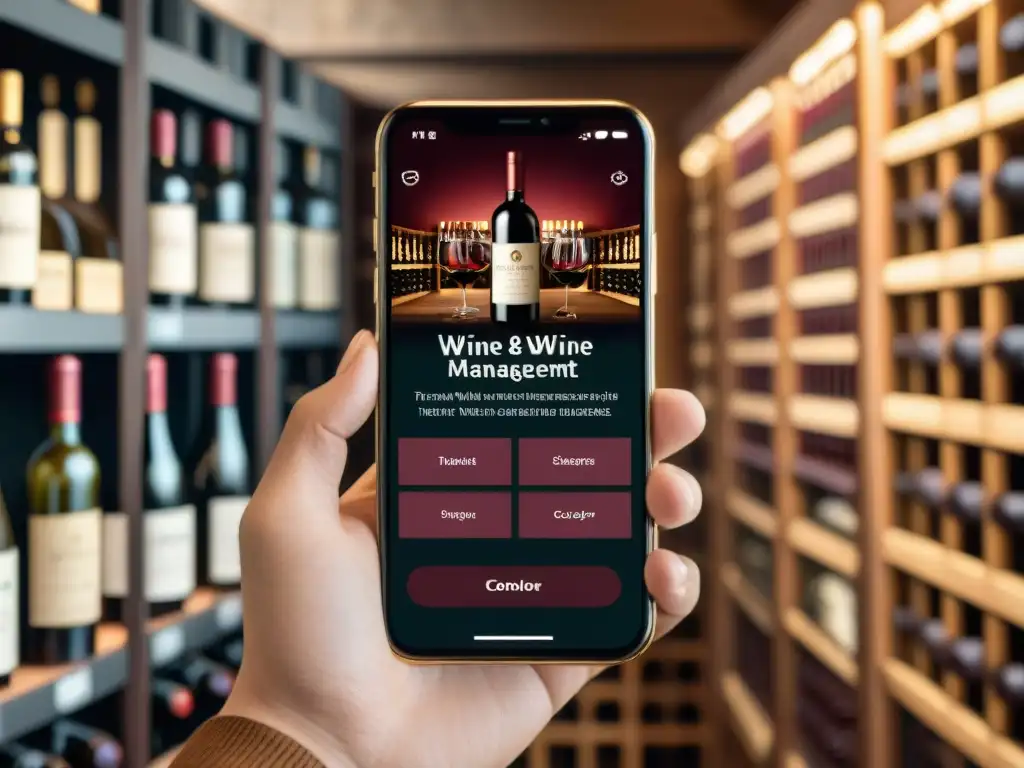 Interfaz de app para amantes del vino con diseño sofisticado y botellas de lujo en bodega