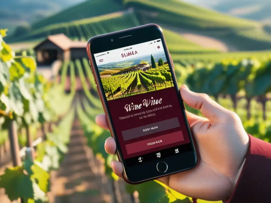 Una interfaz de app para amantes del vino con sommelier virtual, bodega digital y viñedo en 3D