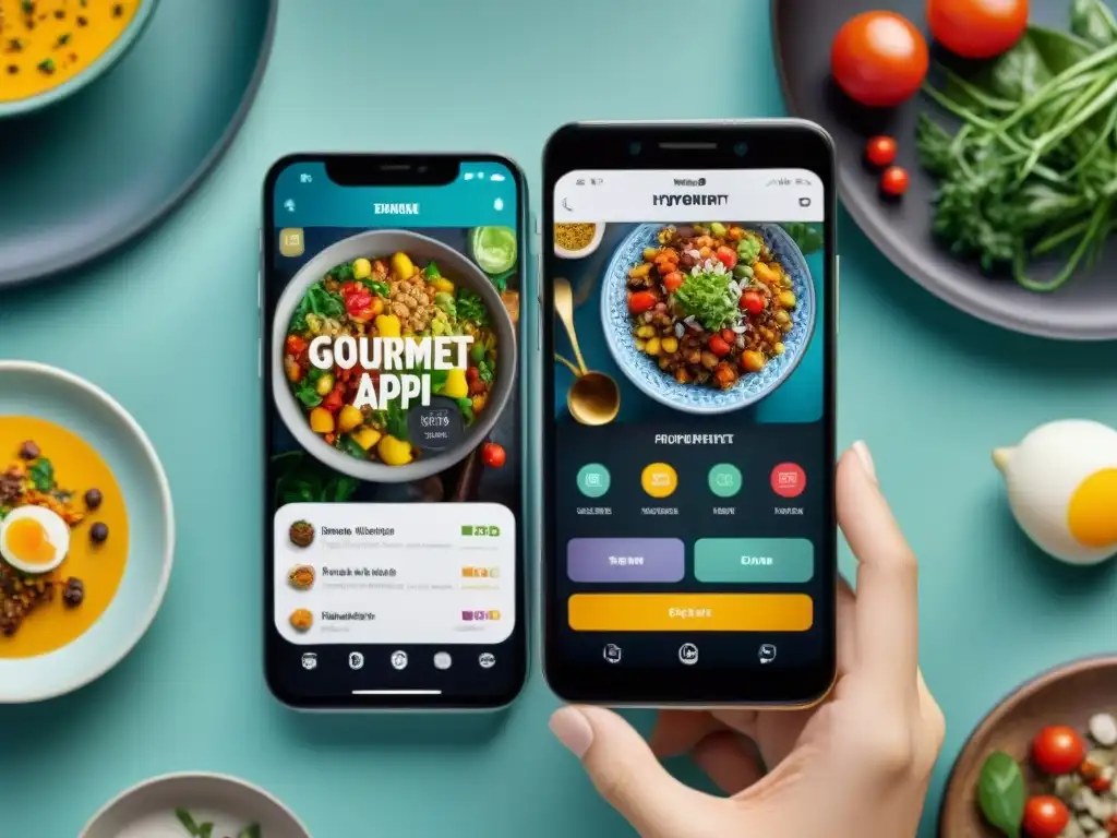 Interfaz de app de cocina gourmet en smartphone moderno con recetas e ingredientes detallados