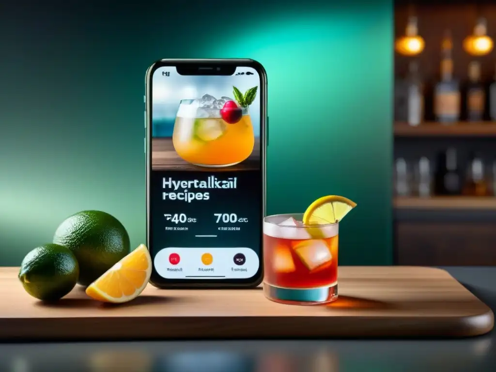 Interfaz de app de coctelería premium para mixólogos modernos