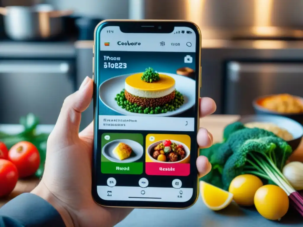 Interfaz de app culinaria sofisticada en smartphone moderno, con recetas gourmet