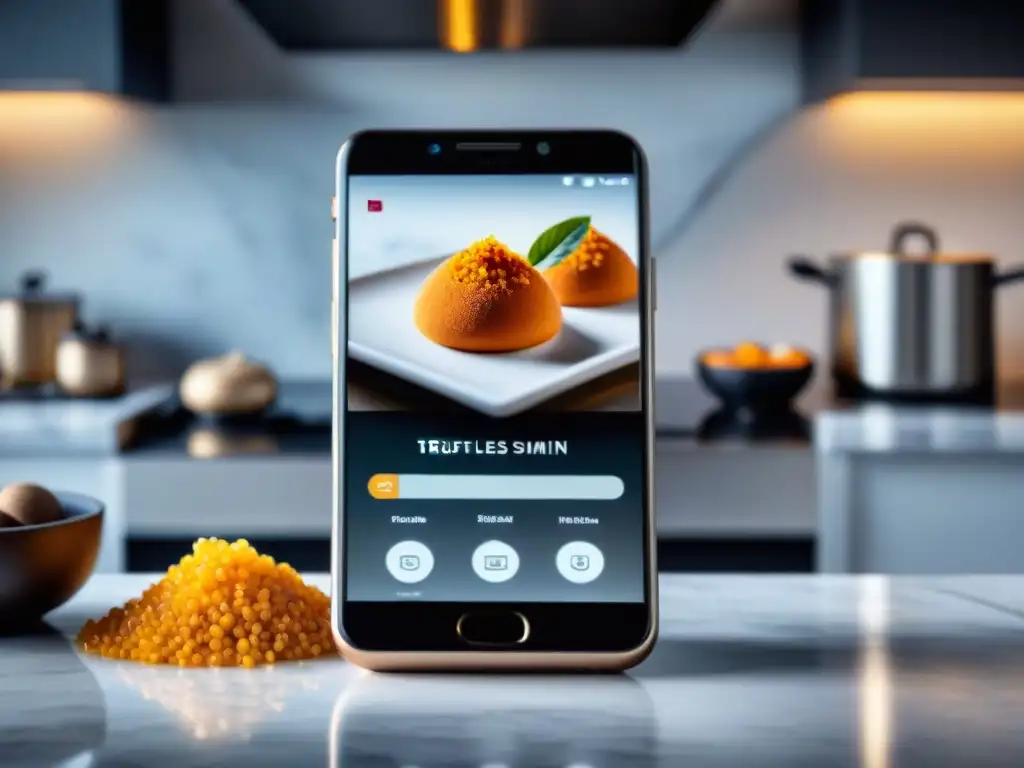 Interfaz de app gastronómica experta con ingredientes premium en un elegante smartphone en cocina moderna