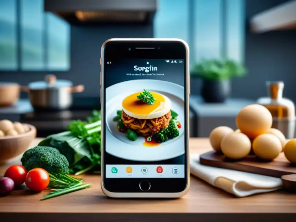 Interfaz de app gastronómica experto transformación en smartphone moderno en cocina elegante