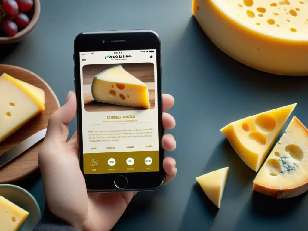 Interfaz de app gastronómica para expertos en queso: mapas interactivos, perfiles de sabor, maridajes y experiencias virtuales